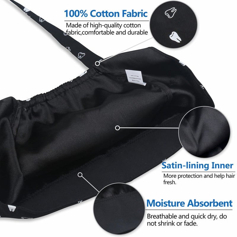 QBA Adjustable Working Cap with Button  Satin Lined Scrub Hat  Cotton Working Hat Sweatband  Elastic Bandage Tie Back Hats for Women & Men  One Size  #Satin-Lined Tooth BLK - Image 2